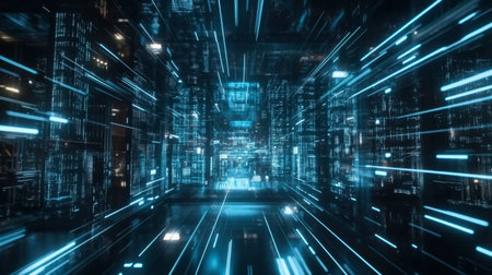 A dynamic and abstract depiction of futuristic data streams with vibrant blue lights, illustrating the concept of advanced technology and connections in a high-tech environment.の素材