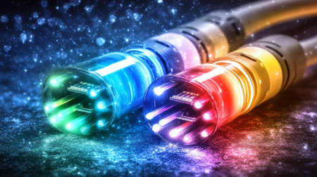 Two glowing USB cables in vibrant colors against a dark background, showcasing modern technology and electrical connection in a captivating way.の素材
