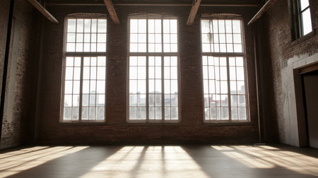 An airy industrial space featuring large windows that fill the room with natural light. The brick walls and wooden beams create a warm and inviting atmosphere.の素材