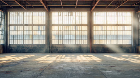 A spacious warehouse interior with large windows, allowing beams of sunlight to fill the space. The serene atmosphere creates a perfect backdrop for various creative projects.の素材