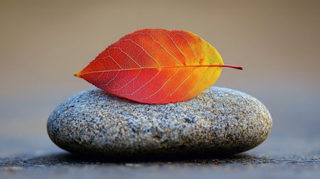 A vibrant autumn leaf rests elegantly on a smooth stone, capturing the essence of nature's beauty and tranquility. Perfect for themes of serenity and seasonal change.の素材