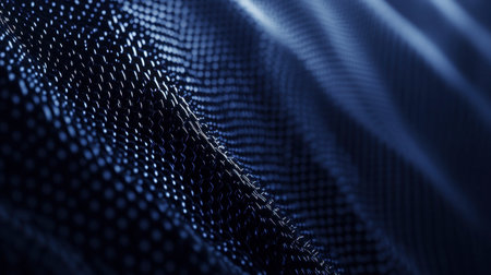 A close-up of textured dark fabric showcasing a captivating light reflection. The intricate pattern and soft drape create an elegant and modern aesthetic.の素材