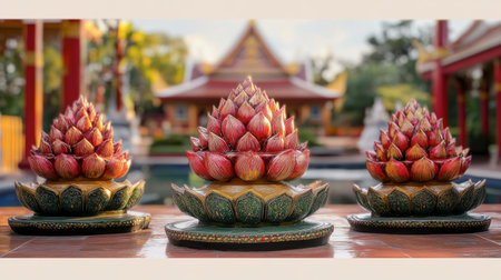 Three vibrant lotus sculptures artfully arranged in a serene garden, showcasing intricate craftsmanship, cultural beauty, and a tranquil atmosphere.の素材