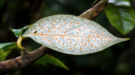 Close-up of a unique leaf featuring vibrant orange spots and glistening water droplets. This image captures the intricate beauty of nature.の素材