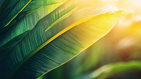 Close-up view of lush green tropical leaves illuminated by soft sunlight, showcasing the beauty of nature and creating a serene atmosphere.の素材