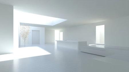 A minimalist interior space featuring bright white walls, ample natural light, and a serene atmosphere. Perfect for showcasing modern design concepts.の素材