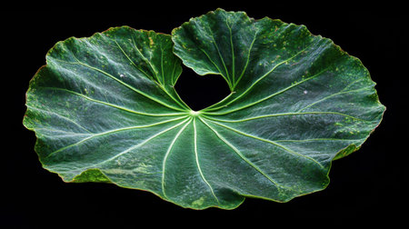 A striking vibrant green leaf with intricate veins set against a black background, showcasing nature's beauty and simplicity in a captivating way.の素材