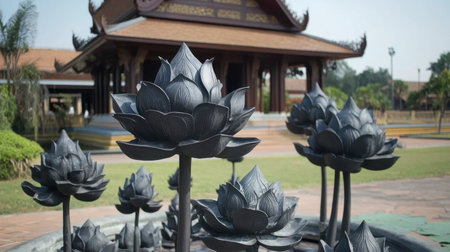 Beautiful black lotus sculptures create a serene atmosphere in a tranquil garden. The artwork complements traditional architecture and invites peaceful reflection.の素材