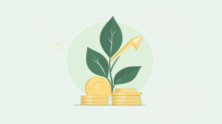 An illustration showcasing the concept of growth in finance, featuring a plant growing from stacked coins, symbolizing investment and prosperity in a minimalist design.の素材