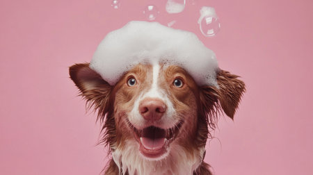 A joyful dog with soap bubbles on its head, set against a vibrant pink background. This fun portrait captures the essence of pet grooming and happiness.の素材