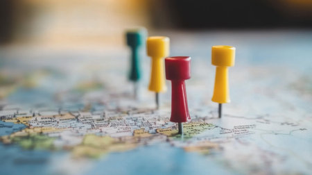 Colorful pins are placed on a map, symbolizing travel planning and exploration. This closeup highlights the importance of marking locations for a journey.の素材