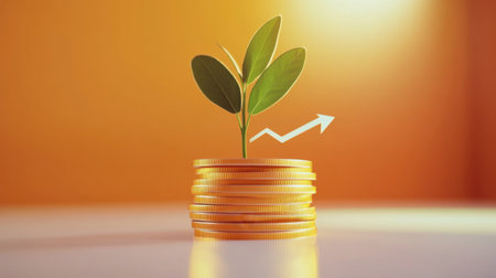 A symbolic representation of investment growth featuring a green plant emerging from stacked coins, illustrating financial success and optimism for the future.の素材