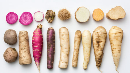 A vibrant collection of assorted root vegetables, beautifully arranged on a white background. Perfect for promoting healthy cooking and nutrition.の素材