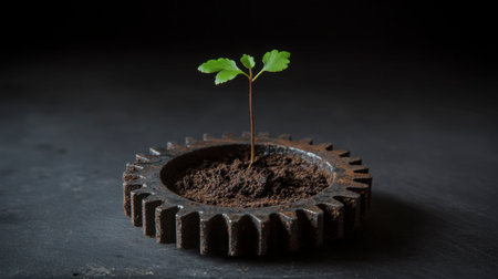 A young plant emerges from soil within a rusted gear, symbolizing the intersection of nature and industry, showcasing growth and sustainability.の素材