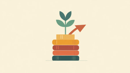 This illustration depicts a plant growing from a stack of books, symbolizing knowledge, growth, and the journey of learning. Perfect for educational themes.の素材
