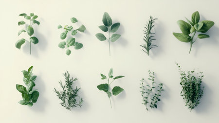 A flat lay arrangement of fresh green herbs showcasing vibrant colors and various shapes. Perfect for cooking and culinary inspirations.の素材