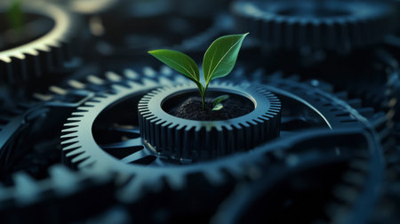 A fresh green plant emerges from a gear system, symbolizing the synergy between technology and nature. Ideal for themes of sustainability and innovation.の素材