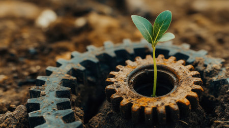 A green seedling emerges from a rusted gear, symbolizing the connection between nature and industry. This image captures resilience and growth in a contrasting environment.の素材