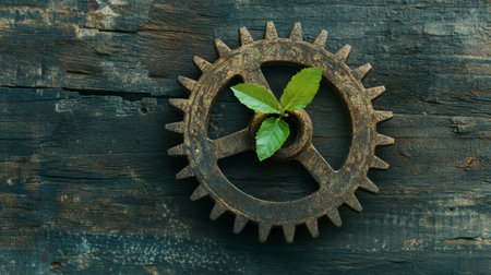 This image captures a gear intertwined with fresh green leaves, symbolizing the bond between nature and industry. It reflects themes of sustainability and innovation.の素材