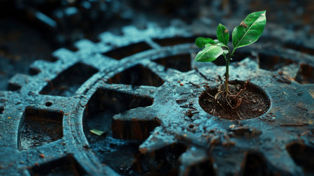 A small green plant emerges from the center of a rusty gear, symbolizing the contrast between nature and machinery, showcasing resilience and renewal.の素材