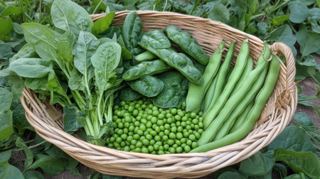 A wicker basket filled with fresh green vegetables like spinach and peas, showcasing the beauty and health benefits of organic produce. Perfect for culinary uses.の素材