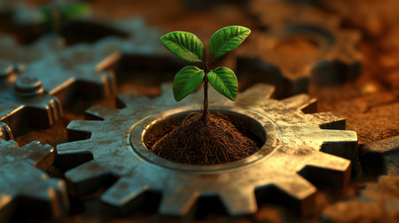 A vibrant green plant emerges from a metal gear, symbolizing the intersection of nature and technology. This image represents growth, innovation, and sustainability.の素材