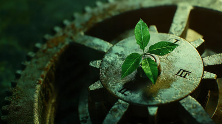 A captivating image showcasing a green plant sprouting from a rusted gear, symbolizing the resilience of nature and its ability to thrive amidst industrial elements.の素材