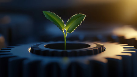 A small green plant sprouts from a gear, symbolizing the fusion of nature and technology. This image represents innovation, sustainability, and growth in industry and the environment.の素材