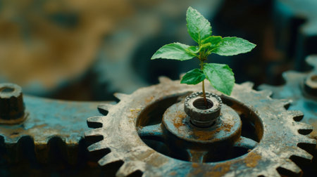 A small green plant emerges from a worn metal gear, symbolizing resilience and growth amidst industrial decay. This image captures the harmony between nature and machinery.の素材