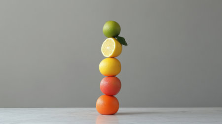 A visually appealing arrangement of stacked fruits featuring lime, lemon, and various types of oranges. Perfect for healthy lifestyle themes and food photography.の素材