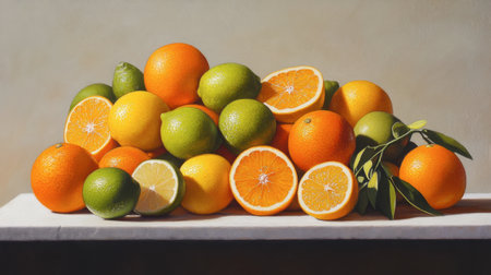 A vibrant arrangement of fresh citrus fruits including oranges, lemons, and limes, capturing the essence of natural beauty and healthy eating. Ideal for culinary and wellness themes.の素材