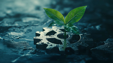 A vibrant green plant emerges from a metal gear, symbolizing the intersection of nature and technology. This image represents growth, sustainability, and harmony in a modern world.の素材