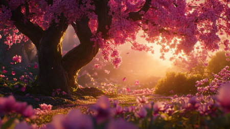 A breathtaking view of a cherry tree in full bloom at sunset, surrounded by vibrant pink flowers and a soft, glowing atmosphere, creating a serene landscape.の素材