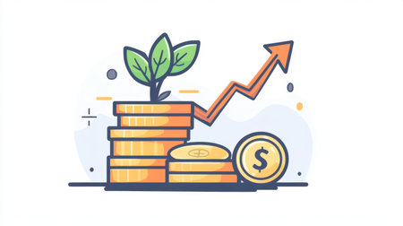 An engaging illustration depicting financial growth with coins, a growing plant, and a rising arrow, symbolizing investment success and prosperity.の素材