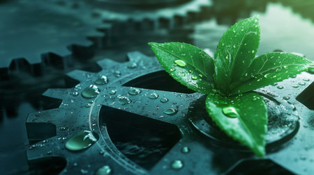 A captivating blend of nature and machinery, showcasing green leaves resting on a gear. This image symbolizes harmony between technology and the environment.の素材