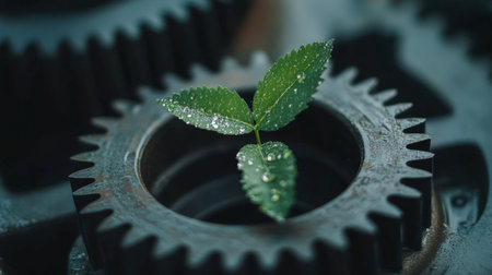 A close-up view of fresh green leaves sprouting from a metal gear, symbolizing the fusion of nature and technology. Water droplets add a refreshing touch.の素材