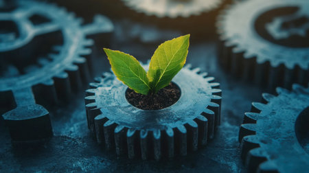 A vibrant green plant emerges from industrial gears, symbolizing the harmony between nature and technology. This striking contrast highlights themes of growth and sustainability.の素材