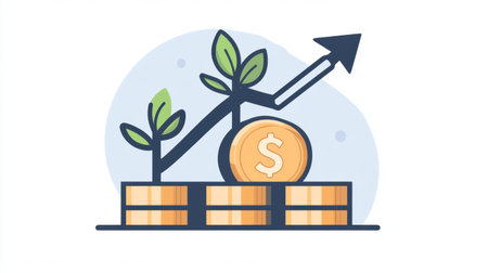 This illustration represents the concept of growth and finance, showcasing plants, coins, and a rising chart, symbolizing investment and economic success.の素材