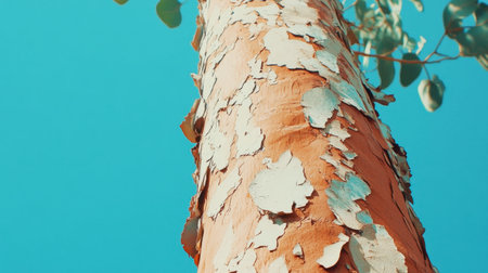A closeup view of eucalyptus tree bark featuring vibrant colors and unique textures against a bright blue sky, showcasing the beauty of nature.の素材