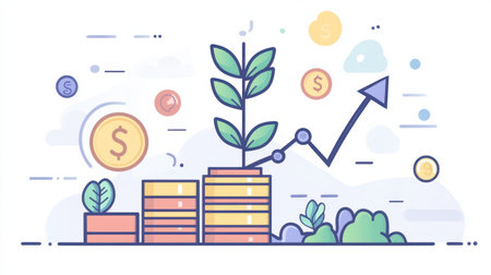 A colorful illustration depicting growth and investment, featuring coins, a plant, and an upward graph. Perfect for finance and business concepts.の素材