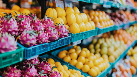 A vibrant display of fresh fruits including dragon fruit, lemons, and oranges in a market setting, highlighting earthy colors and healthy options.の素材