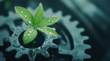 A closeup of a vibrant green leaf sprouting from a black gear, symbolizing the intersection of nature and technology. Dew droplets enhance its freshness.の素材