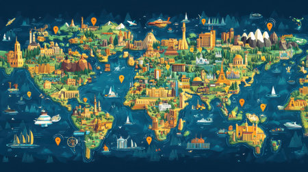 A vibrant illustrated world map showcasing various landmarks, natural beauty, and activities around the globe. Perfect for travel enthusiasts and explorers.の素材