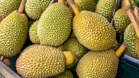 A close-up view of fresh durian fruits displayed in a market. The unique spiky texture and vibrant green color make these tropical fruits a visual delight. Ideal for food and agriculture themes.の素材