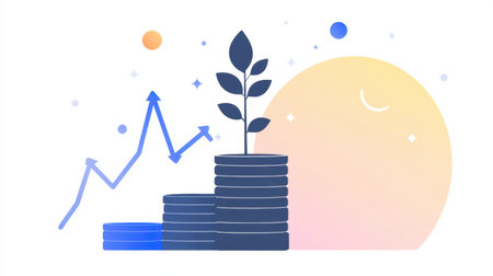This illustration showcases the concept of growth through investment, featuring stacked coins, a rising chart, and a sprouting plant against a soft gradient background.の素材