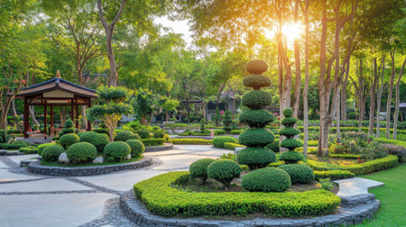 A serene Japanese garden featuring lush greenery and ornamental shrubs, with sunlight streaming through the trees. Perfect for relaxation and tranquility.の素材