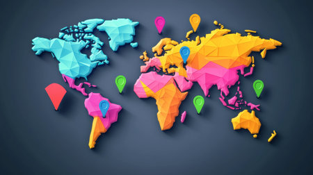 A vibrant low-poly world map featuring various colors and location pins representing global regions. Perfect for travel and educational themes.の素材