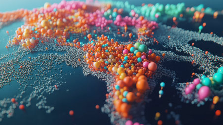 Stunning visualization of geographical data trends using colorful spheres. Perfect for illustrating analytics, research, and business insights in a modern context.の素材