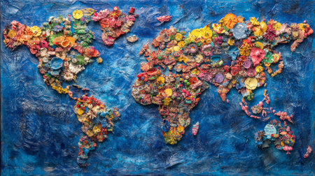 This artistic world map features vibrant flowers created from recycled materials, symbolizing global awareness and environmental creativity.の素材