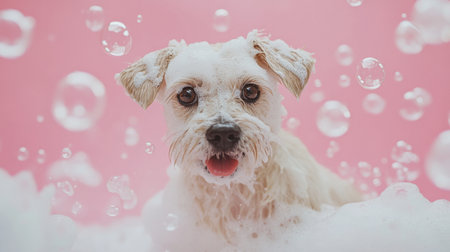 A cute dog enjoying a bubbly bath on a pink backdrop, showcasing a playful expression. Perfect for pet lovers and grooming themes.の素材